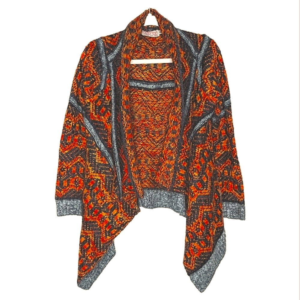 Boo Hoo Bohemian Colorful Aztec Print Pattern Knit Cozy Sweater Cardigan Cape